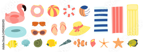Beach essentials, summer holidays, tropical resort objects illustration isolated set. Pool float, beach wear, towel, fish, seashell. Flat design element, clip art collection, hand drawn vector