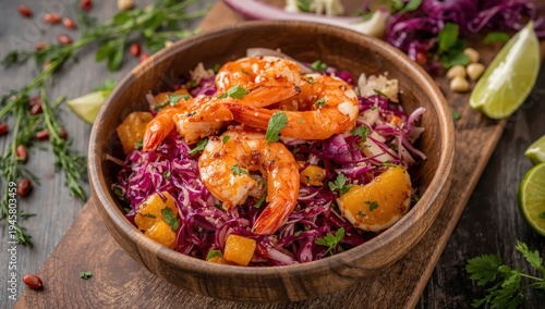 Red cabbage and fennel coleslaw with spicy-fruity prawns