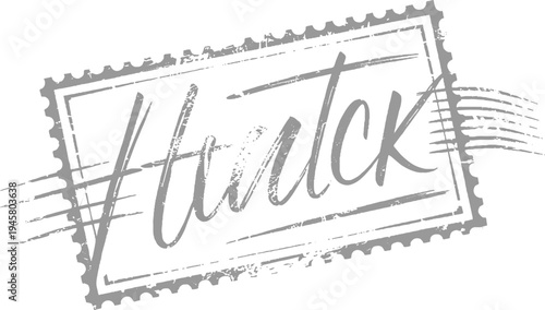Gray handwritten word Hurtck inside a postage stamp frame with perforated edges and horizontal lines