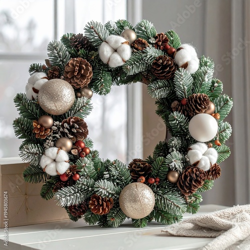 Festive holiday wreath with pine cones ornaments and cotton flowers for seasonal decoration.