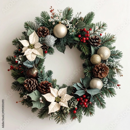 Elegant Christmas Wreath Adorned with Poinsettias Pine Cones and Ornaments on Clean White Background for Holiday Decor.