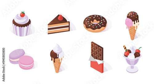 Assortment of Sweet Treats: Cupcakes, Cakes, Doughnuts, Ice Cream, Macarons, Chocolate, and Sundaes