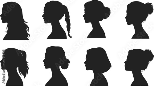 Set of female hairstyle profile silhouettes isolated on white background