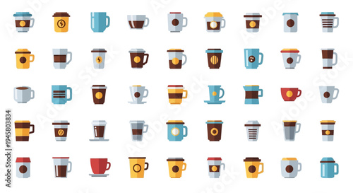 Assortment of Colorful Coffee and Tea Cups in a Flat Design Style Illustration