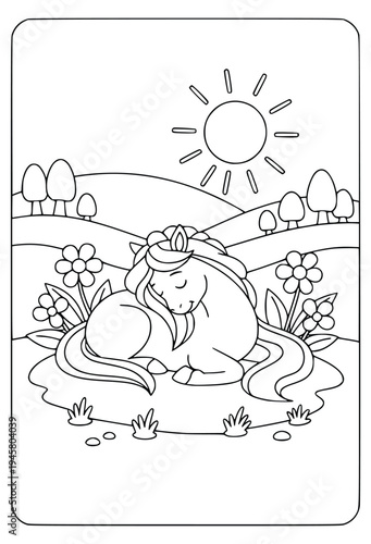  Centaur coloring page with a cute mythical horse character sleeping in a field