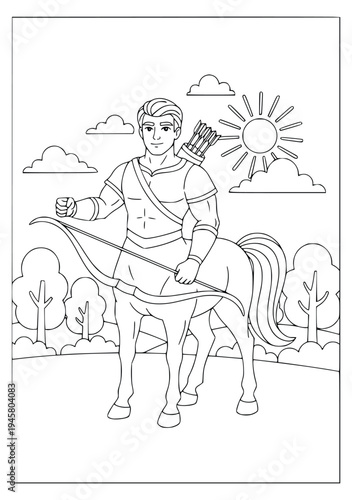 Centaur coloring page with a young girl holding a staff on a forest path