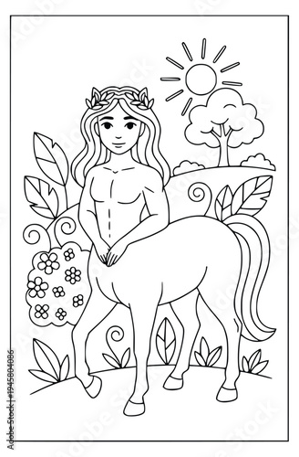 Centaur coloring page with a gentle mythological character in a sunny garden