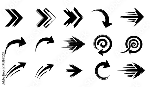 Hand drawn grunge brush arrow icons with dynamic motion chevron directional vector set