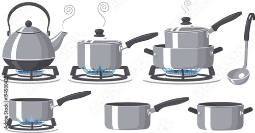 Kitchen Cookware Set Featuring Pots, Kettle, Saucepan, Ladle, and Cooking Utensils on Gas Stove for Home Cooking and Kitchenware Illustration