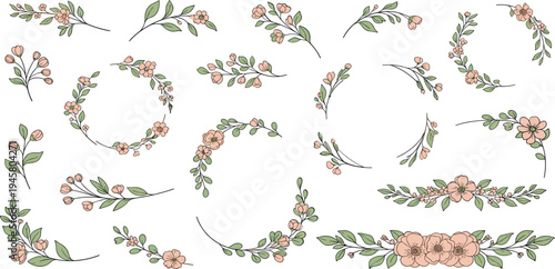 Elegant Floral Branch and Flower Divider Vector Set with Botanical Leaves Wedding Decorative Elements and Vintage Floral Frames