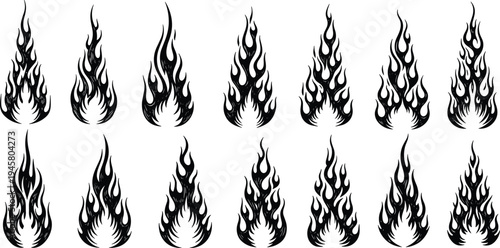 Collection of black flame silhouette vectors, featuring tribal fire decals, hot rod engine flares, burning campfire sparks, and decorative blaze elements.