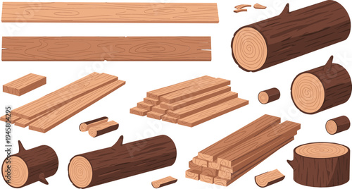 Wood Timber and Lumber Collection Featuring Tree Logs, Wooden Planks, Boards, and Cut Timber for Carpentry, Construction, and Woodworking Design