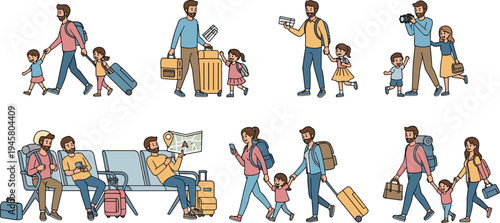 Family travel airport activity collection with parents and children carrying luggage, tickets, camera, map, waiting and walking vector illustration set