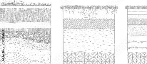 Three detailed cross sections of soil layers showing grass roots gravel sand and rock strata cross-section