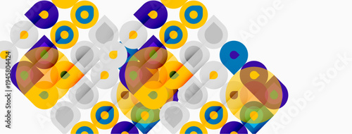 Abstract geometric shapes overlap, creating colorful patterns. Circles, squares, rectangles form dynamic composition. Bright hues dominate design.