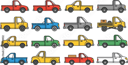 Pickup Truck Vehicle Illustration Set with Different Colored Utility Transport Trucks for Delivery Cargo and Transportation Design