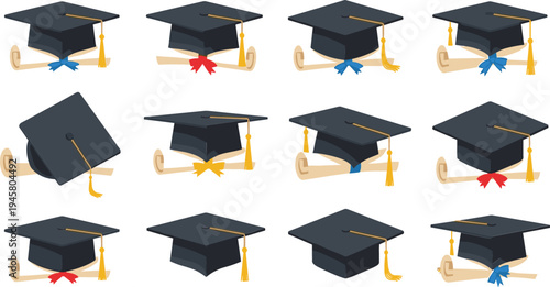 Graduation Cap and Diploma Collection Featuring Academic Mortarboard Hats with Tassels and Scroll Certificates for Education, University, and Graduation Design
