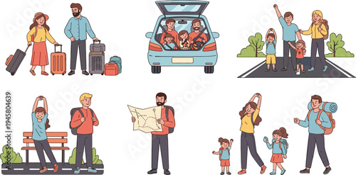 Family travel and road trip activities collection with parents and children hiking, driving car, exploring map and vacation adventure vector set
