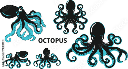 Collection of stylized octopus vector illustrations in black and cyan blue showing different poses for sea life logo and tattoo