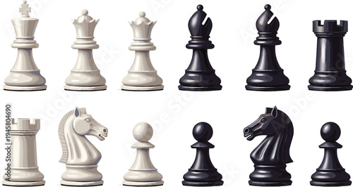 Chess Pieces Set Featuring King, Queen, Bishop, Knight, Rook, and Pawn in Black and White for Strategy Game, Board Game, and Competition Design