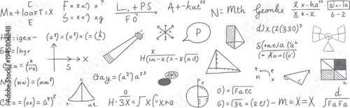 Hand drawn mathematical equations and geometric shapes on a white background mathematics formula geometry