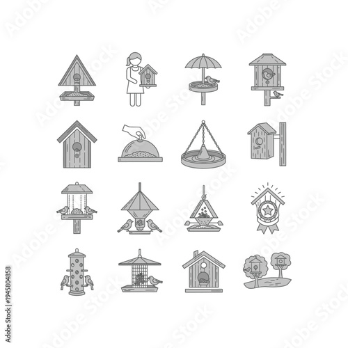 A collection of bird feeder illustrations in various designs and shapes