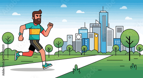 Bearded Man Jogging in Urban Park Cityscape