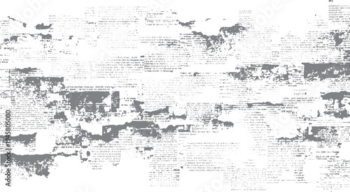 Faded grey newspaper print with torn edges and smudged text on white background