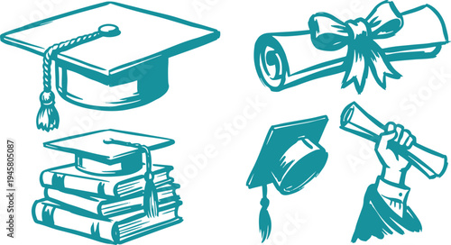 Hand Drawn Graduation Set Vector Illustration, Graduation Cap and Diploma Sketch Collection.