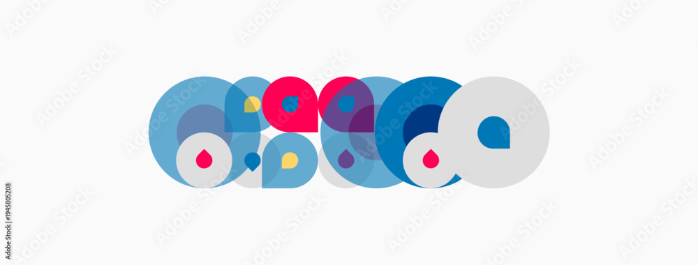 Fototapeta premium Colorful overlapping circles form abstract logo. Design features blue, pink, red, teal hues. Modern, playful aesthetic.