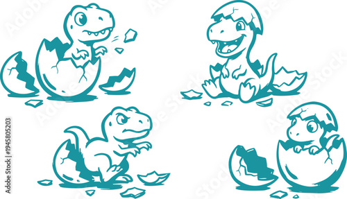 Hand Drawn Cute Baby Dinosaur Hatching Set Vector Illustration, Cartoon Dino Sketch Collection.