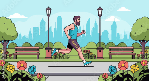 Bearded Man Jogging in Urban Park with City Skyline