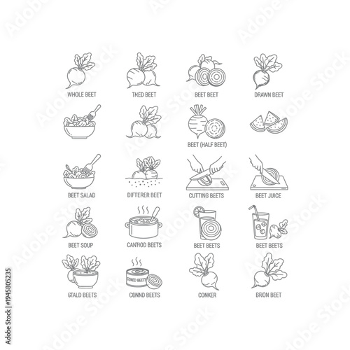 A collection of 18 black and white drawings of beet products and dishes