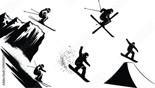 Extreme winter sports silhouettes, skier and snowboarder performing jumps, alpine mountain skiing action, freestyle snowboarding tricks, winter adventure sport illustration