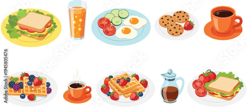 Breakfast Food and Drink Icon Set Featuring Sandwich, Fried Eggs, Waffles, Cookies, Coffee Cup, Juice, and Healthy Morning Meal Items