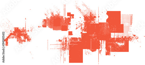 Orange abstract grunge shapes and textures with halftone dots and splatters on white background