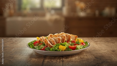 Salad with chicken schnitzel, veggies, and dressing