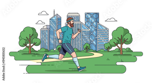 Bearded Man Running in Urban Park with City Skyline Background