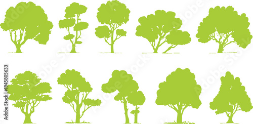Ten green tree silhouettes with varied shapes and sizes on white background nature plant