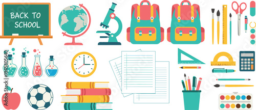 Back to School Education Icon Set Featuring Blackboard, Globe, Microscope, Backpack, Books, Stationery, and Classroom Supplies for Learning and Academic Design
