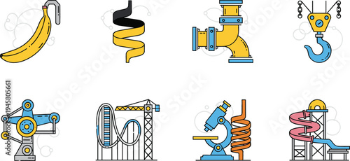 Physics and Engineering Concept Icon Set Featuring Gravity, Spiral Motion, Water Pipe Flow, Pulley Hook, Gear Mechanism, Roller Coaster, Microscope, and Industrial Systems