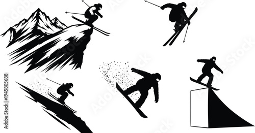 Extreme winter sports silhouettes, skier and snowboarder performing tricks, mountain skiing action, freestyle snowboarding jump, alpine adventure sport illustration