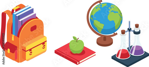 Education and School Icon Set Featuring Backpack with Books, Apple on Book, Globe, and Science Laboratory Flasks for Learning, Study, and Academic Designs