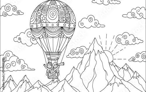 Hot air balloon coloring page for kids and adults
