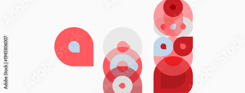 Abstract composition featuring overlapping circles. Red, white, light blue hues create layered visual effect. Minimalist design, modern aesthetic.