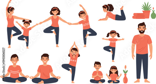 Family yoga exercises collection with parents and kids practicing meditation stretching healthy lifestyle vector illustration set