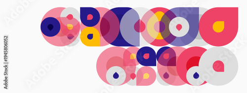 Abstract colorful circles overlap, creating playful composition. Shapes vary sizes, hues, forming dynamic visual pattern.