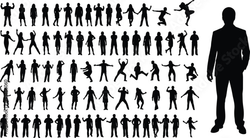 people, silhouettes, collection, set, various, poses, standing, walking, jumping, dancing, business, man, human, figures, isolated, vector, style, diversity, crowd, icons