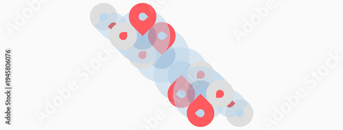 Abstract illustration shows repeating oval shapes. Red ovals overlap pale blue translucent forms. Minimalist design, simple geometry.