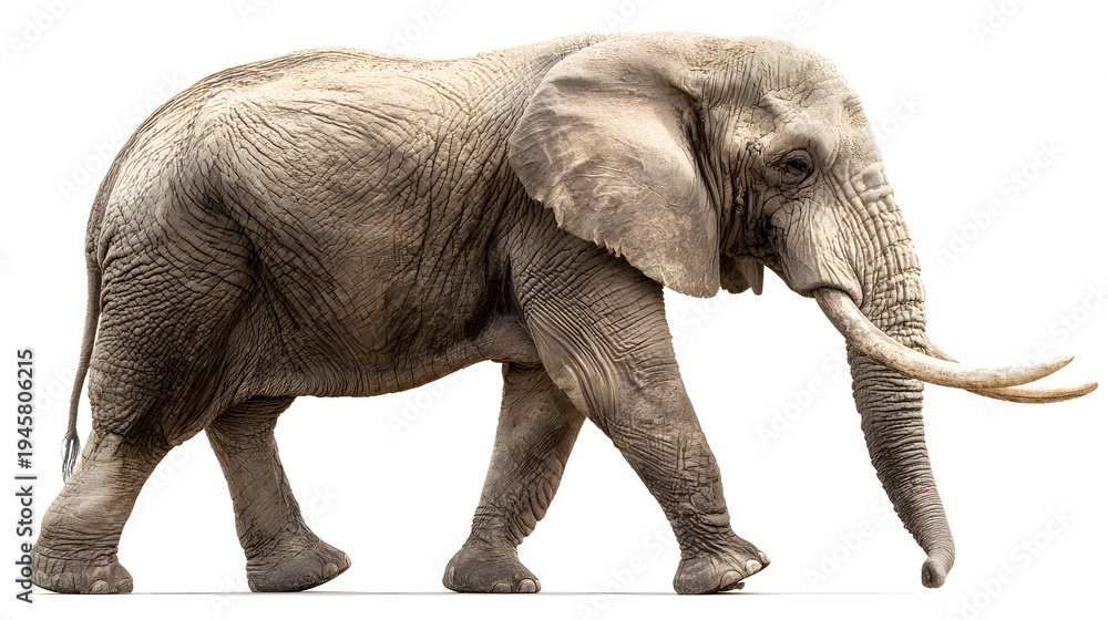 Obraz premium Majestic African Elephant Walking Gracefully Isolated on White Background.